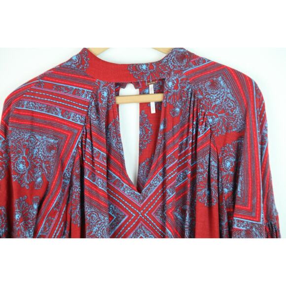 Free People Medium Tunic Top Red Blue Boho Hippy High Neck walking on a Dream - Picture 2 of 11